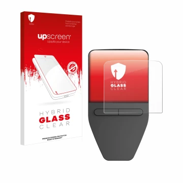 Parte frontal de un envase de producto con el logotipo de la marca upscreen. Al lado se muestra el dispositivo Trezor Safe 3 c