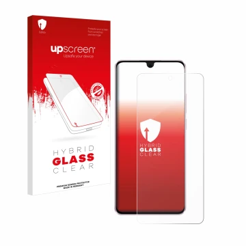 Parte frontal de un envase de producto con el logotipo de la marca upscreen. Al lado se muestra el dispositivo Oppo Reno 11 F 