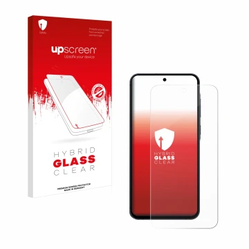 Parte frontal de un envase de producto con el logotipo de la marca upscreen. Al lado se muestra el dispositivo Samsung Galaxy 