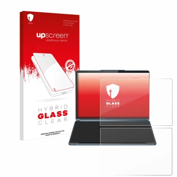 Parte frontal de un envase de producto con el logotipo de la marca upscreen. Al lado se muestra el dispositivo Lenovo Yoga Boo