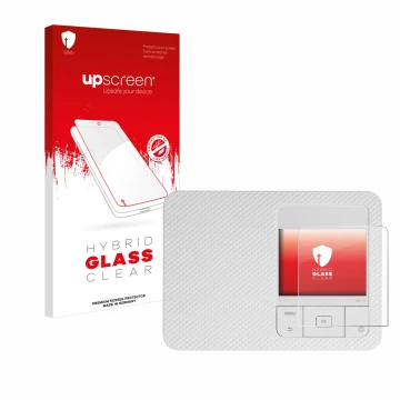 Parte frontal de un envase de producto con el logotipo de la marca upscreen. Al lado se muestra el dispositivo Canon Selphy CP