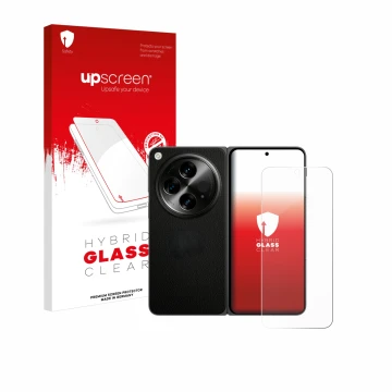 Parte frontal de un envase de producto con el logotipo de la marca upscreen. Al lado se muestra el dispositivo OnePlus Open (c