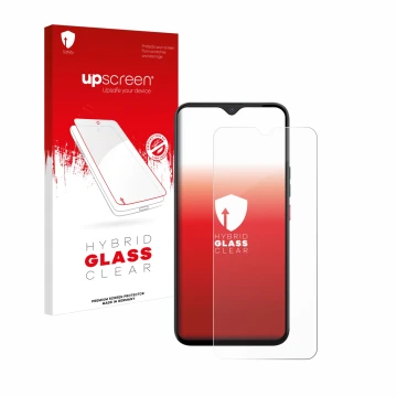 Parte frontal de un envase de producto con el logotipo de la marca upscreen. Al lado se muestra el dispositivo Gigaset GS5 PRO