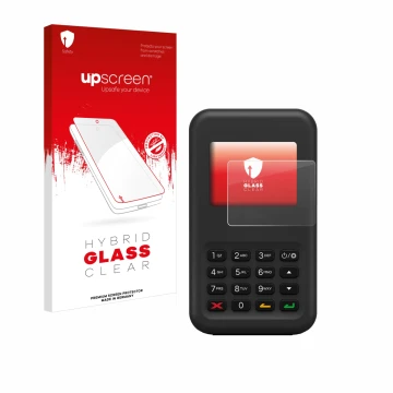 Parte frontal de un envase de producto con el logotipo de la marca upscreen. Al lado se muestra el dispositivo Shopify WisePad