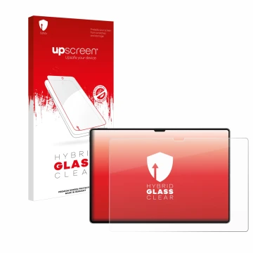 Parte frontal de un envase de producto con el logotipo de la marca upscreen. Al lado se muestra el dispositivo Huawei MatePad 