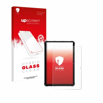 Parte frontal de un envase de producto con el logotipo de la marca upscreen. Al lado se muestra el dispositivo Hotwav R7 con s