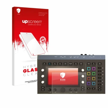 Parte frontal de un envase de producto con el logotipo de la marca upscreen. Al lado se muestra el dispositivo Waldorf Iridium