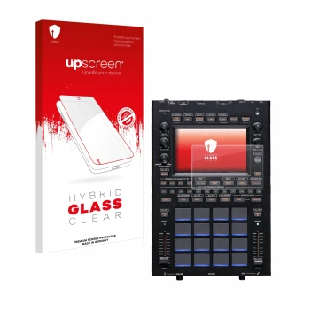 Parte frontal de un envase de producto con el logotipo de la marca upscreen. Al lado se muestra el dispositivo KORG KAOSS Repl