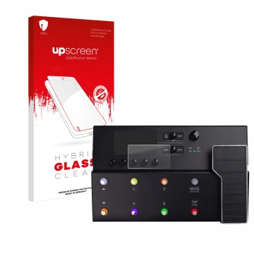 Parte frontal de un envase de producto con el logotipo de la marca upscreen. Al lado se muestra el dispositivo Line 6 POD Go c