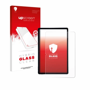Parte frontal de un envase de producto con el logotipo de la marca upscreen. Al lado se muestra el dispositivo AGM Pad P2 con 