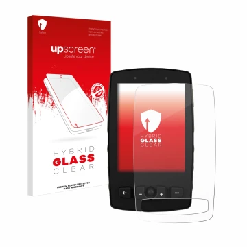Parte frontal de un envase de producto con el logotipo de la marca upscreen. Al lado se muestra el dispositivo TwoNav Aventura