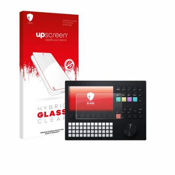Parte frontal de un envase de producto con el logotipo de la marca upscreen. Al lado se muestra el dispositivo Polyend Tracker