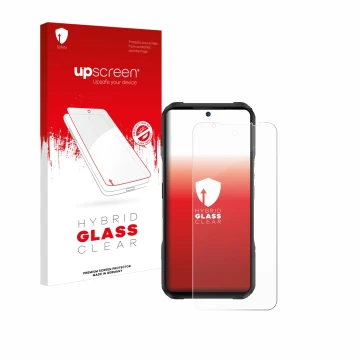 Parte frontal de un envase de producto con el logotipo de la marca upscreen. Al lado se muestra el dispositivo Doogee V20S con