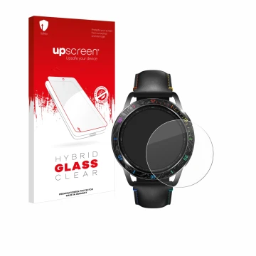 Parte frontal de un envase de producto con el logotipo de la marca upscreen. Al lado se muestra el dispositivo Xiaomi Watch S3