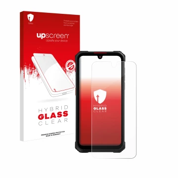 Parte frontal de un envase de producto con el logotipo de la marca upscreen. Al lado se muestra el dispositivo Hotwav Cyber 9 