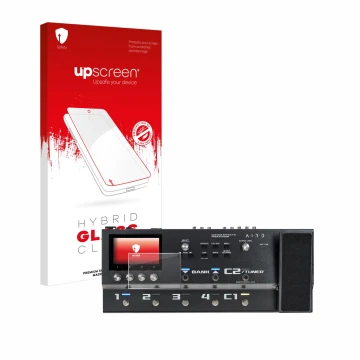 Parte frontal de un envase de producto con el logotipo de la marca upscreen. Al lado se muestra el dispositivo Boss GX-100 con