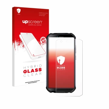 Parte frontal de un envase de producto con el logotipo de la marca upscreen. Al lado se muestra el dispositivo Doogee S41 Plus