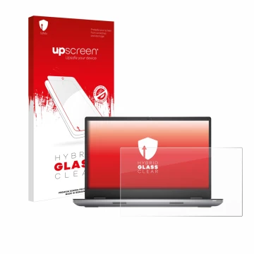 Parte frontal de un envase de producto con el logotipo de la marca upscreen. Al lado se muestra el dispositivo Dell Precision 