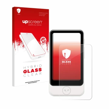 Parte frontal de un envase de producto con el logotipo de la marca upscreen. Al lado se muestra el dispositivo Pocketalk Plus 