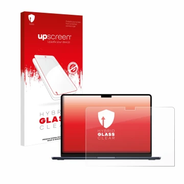 Parte frontal de un envase de producto con el logotipo de la marca upscreen. Al lado se muestra el dispositivo Apple MacBook A