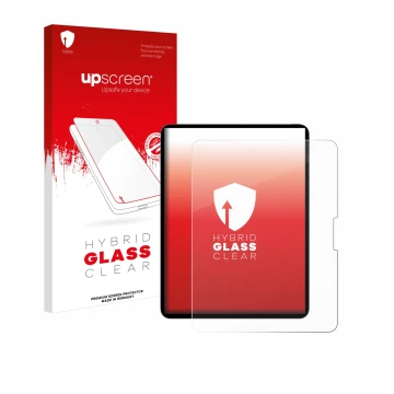 Parte frontal de un envase de producto con el logotipo de la marca upscreen. Al lado se muestra el dispositivo Apple iPad Pro 