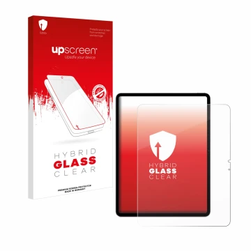 Parte frontal de un envase de producto con el logotipo de la marca upscreen. Al lado se muestra el dispositivo Apple iPad Air 