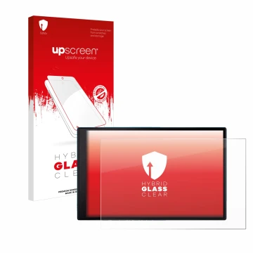 Parte frontal de un envase de producto con el logotipo de la marca upscreen. Al lado se muestra el dispositivo Garmin DriveSma