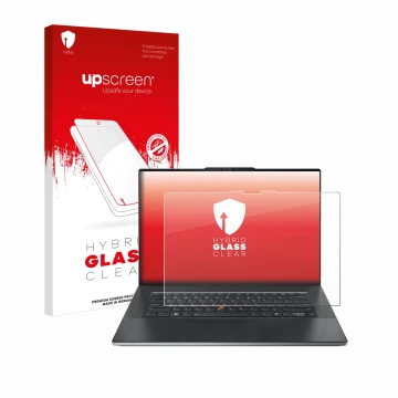 Parte frontal de un envase de producto con el logotipo de la marca upscreen. Al lado se muestra el dispositivo Lenovo ThinkPad