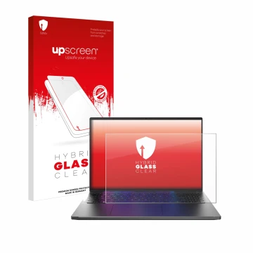 Parte frontal de un envase de producto con el logotipo de la marca upscreen. Al lado se muestra el dispositivo Acer Swift Go 1