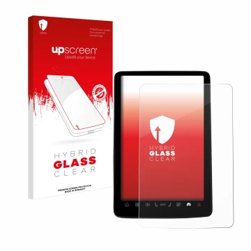 Parte frontal de un envase de producto con el logotipo de la marca upscreen. Al lado se muestra el dispositivo Volvo EX30 12.3