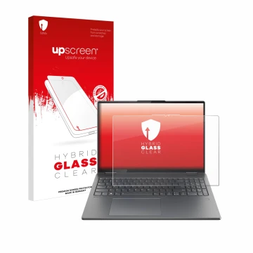 Parte frontal de un envase de producto con el logotipo de la marca upscreen. Al lado se muestra el dispositivo Lenovo Yoga 7i 