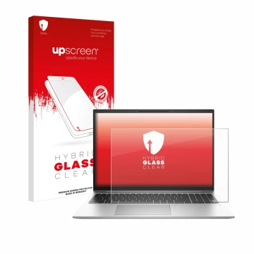 Parte frontal de un envase de producto con el logotipo de la marca upscreen. Al lado se muestra el dispositivo HP EliteBook 86