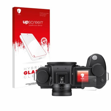 Parte frontal de un envase de producto con el logotipo de la marca upscreen. Al lado se muestra el dispositivo Leica SL3 (pant