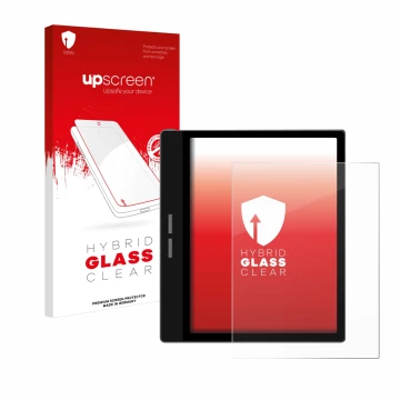 Parte frontal de un envase de producto con el logotipo de la marca upscreen. Al lado se muestra el dispositivo Bigme B751C con