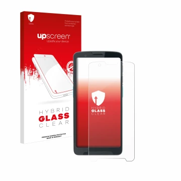 Parte frontal de un envase de producto con el logotipo de la marca upscreen. Al lado se muestra el dispositivo Unitech EA660 c