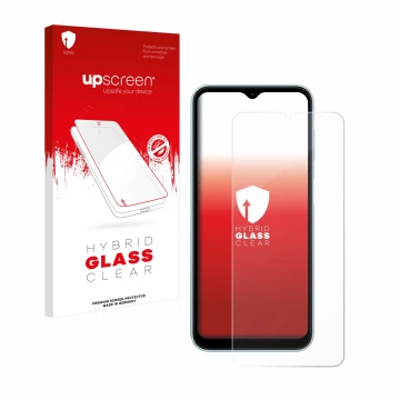Parte frontal de un envase de producto con el logotipo de la marca upscreen. Al lado se muestra el dispositivo Samsung Galaxy 