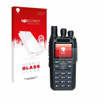 Parte frontal de un envase de producto con el logotipo de la marca upscreen. Al lado se muestra el dispositivo AnyTone AT-D878