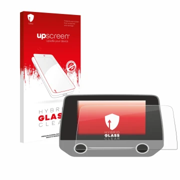 Parte frontal de un envase de producto con el logotipo de la marca upscreen. Al lado se muestra el dispositivo Ford Focus MK4 