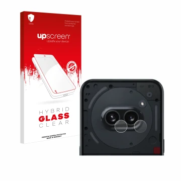 Parte frontal de un envase de producto con el logotipo de la marca upscreen. Al lado se muestra el dispositivo Nothing Phone (