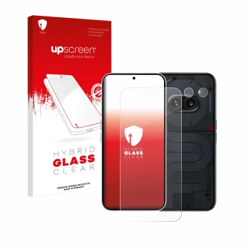 Parte frontal de un envase de producto con el logotipo de la marca upscreen. Al lado se muestra el dispositivo Nothing Phone (