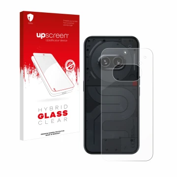 Parte frontal de un envase de producto con el logotipo de la marca upscreen. Al lado se muestra el dispositivo Nothing Phone (