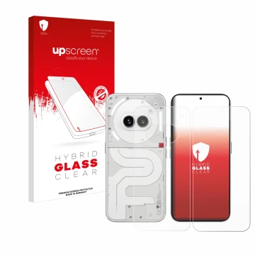 Parte frontal de un envase de producto con el logotipo de la marca upscreen. Al lado se muestra el dispositivo Nothing Phone (
