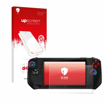 Parte frontal de un envase de producto con el logotipo de la marca upscreen. Al lado se muestra el dispositivo MSI Claw A1M co