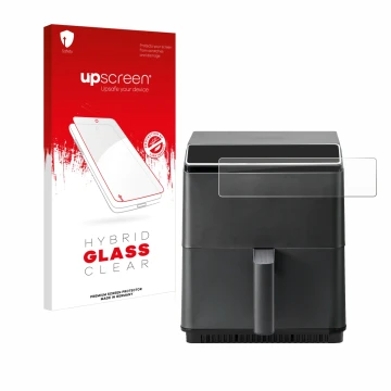 Parte frontal de un envase de producto con el logotipo de la marca upscreen. Al lado se muestra el dispositivo Cosori CAF-P583