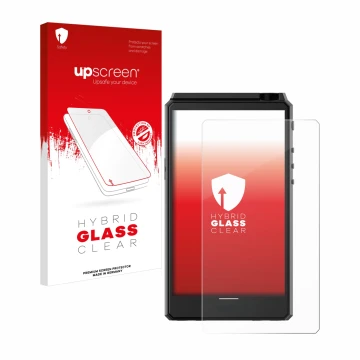 Parte frontal de un envase de producto con el logotipo de la marca upscreen. Al lado se muestra el dispositivo Hiby R6 III con