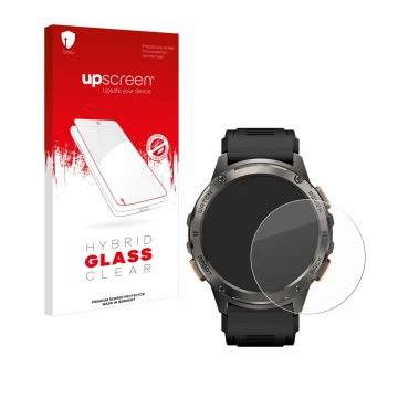 Parte frontal de un envase de producto con el logotipo de la marca upscreen. Al lado se muestra el dispositivo Kospet Tank T3 