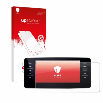 Parte frontal de un envase de producto con el logotipo de la marca upscreen. Al lado se muestra el dispositivo Skoda Kamiq 202