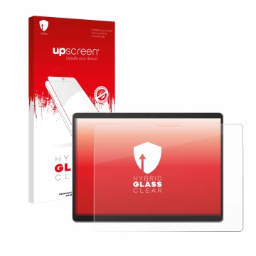 Parte frontal de un envase de producto con el logotipo de la marca upscreen. Al lado se muestra el dispositivo Microsoft Surfa