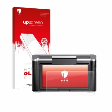 Parte frontal de un envase de producto con el logotipo de la marca upscreen. Al lado se muestra el dispositivo Revopoint Mirac