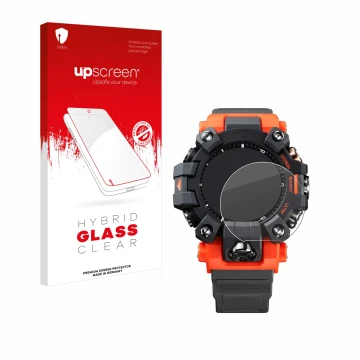 Parte frontal de un envase de producto con el logotipo de la marca upscreen. Al lado se muestra el dispositivo Casio G-Shock G